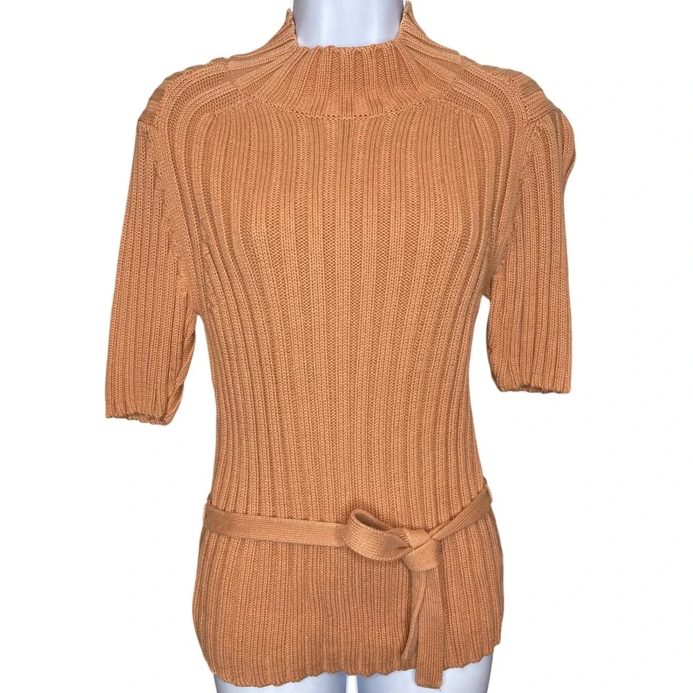 Vintage St Johns Bay Womens Camel Ribbed Knit Mock Neck Belted Sweater Sz M Chic